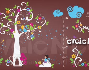 Large Fairy Wall Decal - Fairy Tree with Flowers, Stars with Matching Growth Chart  Wall Sticker - PLFT020