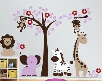 Jungle Safari Wall Murals with with Zebra, Lion, Giraffe and Elephant - Wall Stickers PLSF011