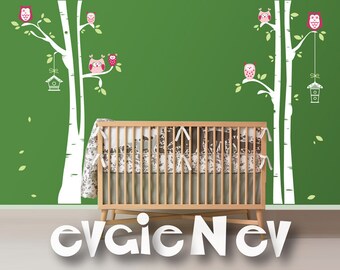 Nursery Birch Trees Decal with Owls - White Birches Wall Decal for kids, Large 3 Birch Trees with 7 Cute Owls and Birdhouses -  LTROWLS30