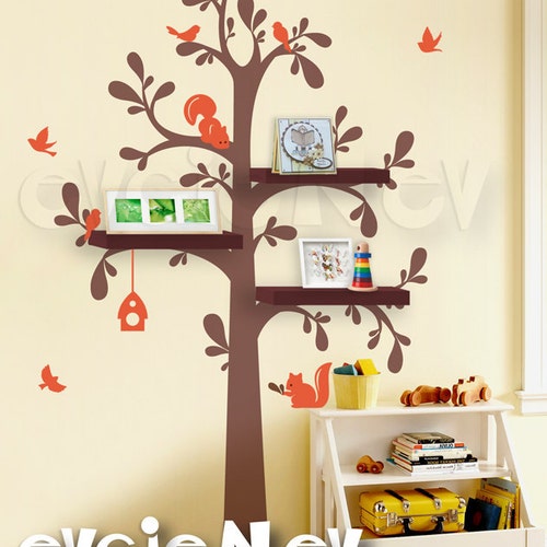 Floating Shelves Tree Wall Decal with Birds and Squirrels -Nursery Wall Decals - INSTANT SHIPPING - TRFS010