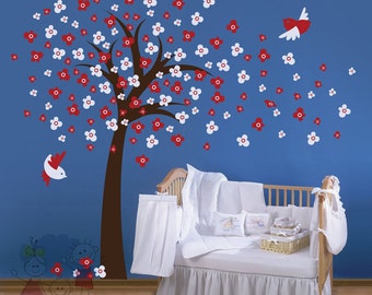Cherry Blossom Tree Wall Decal - Tree With Birds Wall Sticker - TRCB010R