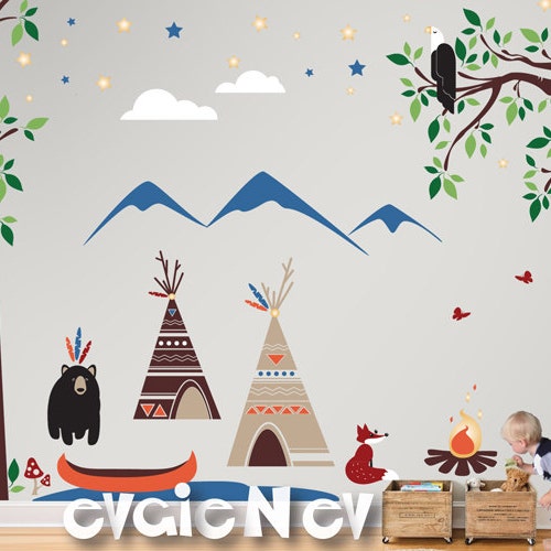 Kids Wall Decals, Children Wall Decals, Nursery Wall Stickers, Mountains Wall decals - TeePee camp with Canoe and First Nations - PLFN010