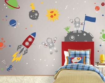 Space Wall Decals - Voyager with Custom Flag Name Wall Stickers - Astronauts, Aliens, Rocket, Planets, UFO - Wall Decals for Kids - PLOS040