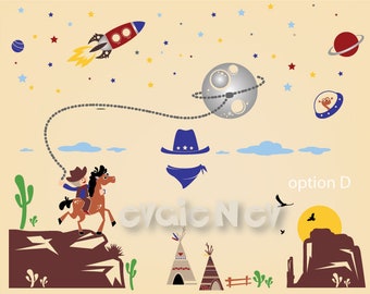 Cowboys and Aliens Wall Stickers - Western and Space Odyssey Wall decals - Space Rangers and Aliens - PLS020