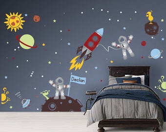 Space Wall Decals - Voyager with Custom Flag Name Wall Stickers - Astronauts, Aliens, Rocket, Planets, UFO - Wall Decals for Kids - PLOS040