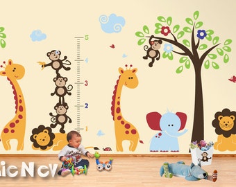 Kids Wall Decals and Animal Wall Stickers with Growth Chart, Giraffes, Lions, Monkeys and Elephant - PLSF070