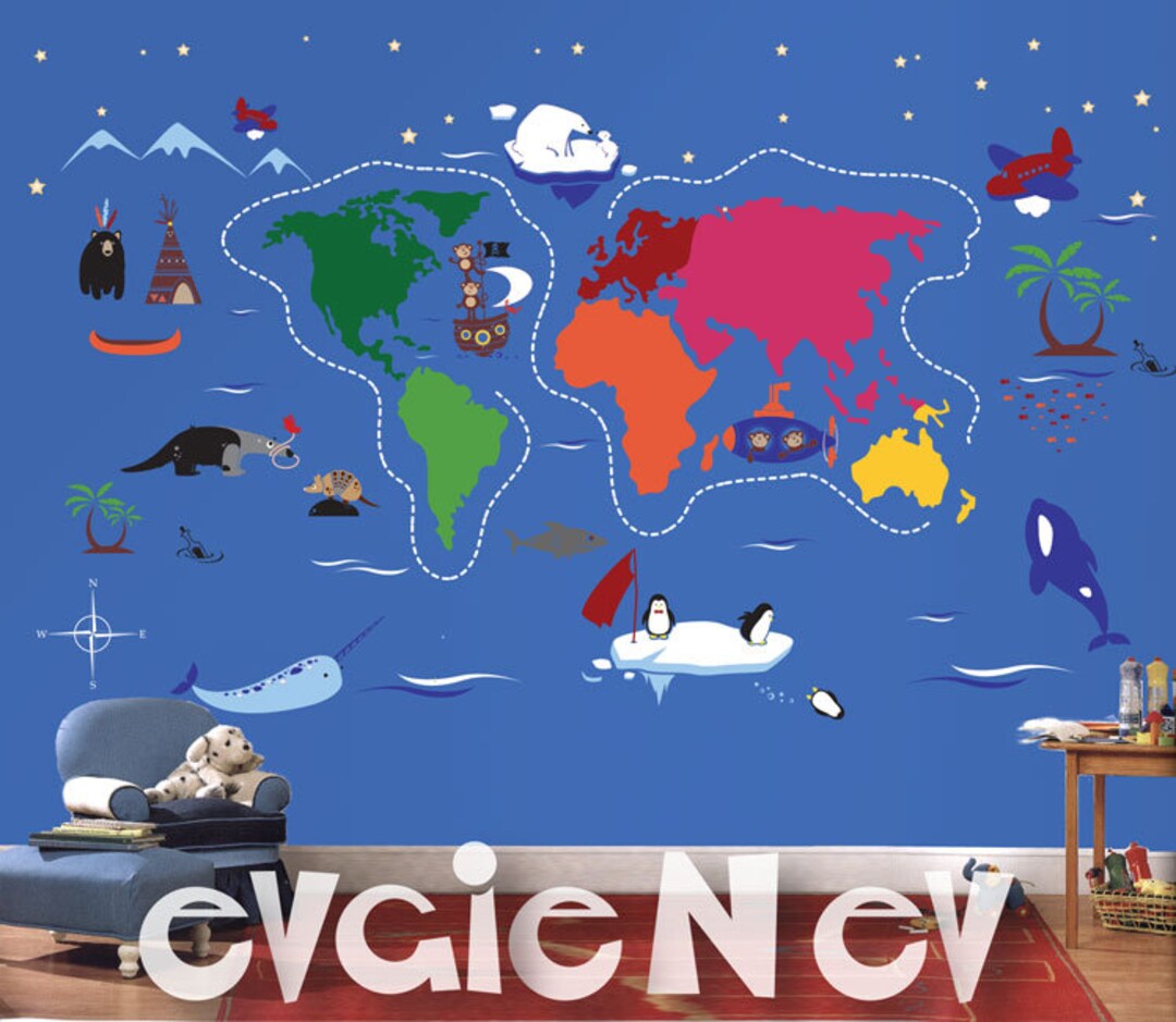 Animal Map Wall Decals Educational Wall Decals Children Etsy