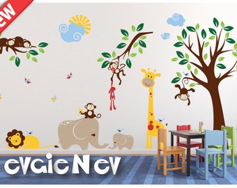 Nursery Wall Stickers with Elephants  - Giraffes, Lion, Birds and Monkeys on the Tree with - PLMG050