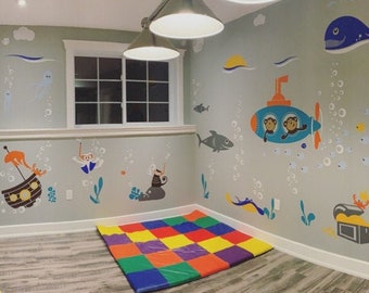 Cats Snorkelers with Submarine Monkeys in the Caribbean Reefs - Children Wall Decals - PLUW050