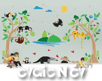 Monkeys, Jaguar, Armadillo, Blue Macaw and Anteater - Children Wall Decals, Kids Wall Decals, Nursery Wall Decals, Kid Wall Stickers PLSA060