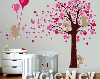 Wall Decals for Girl - Teddy Bears LOVE Wall Decals - Hearts Baby Nursery - Valentine Wall Stickers -PLTBRS020