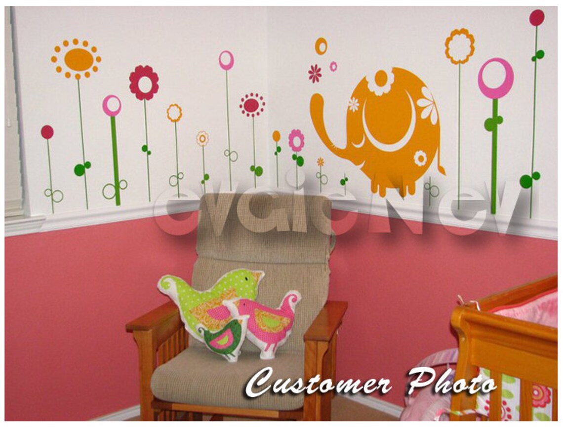 Wall Decals Canada Kids Baby Elephant With Flowers Wall Etsy