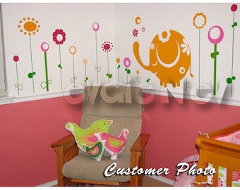 Wall Decals Canada Kids - Baby Elephant with Flowers Wall Stickers - FLWD020