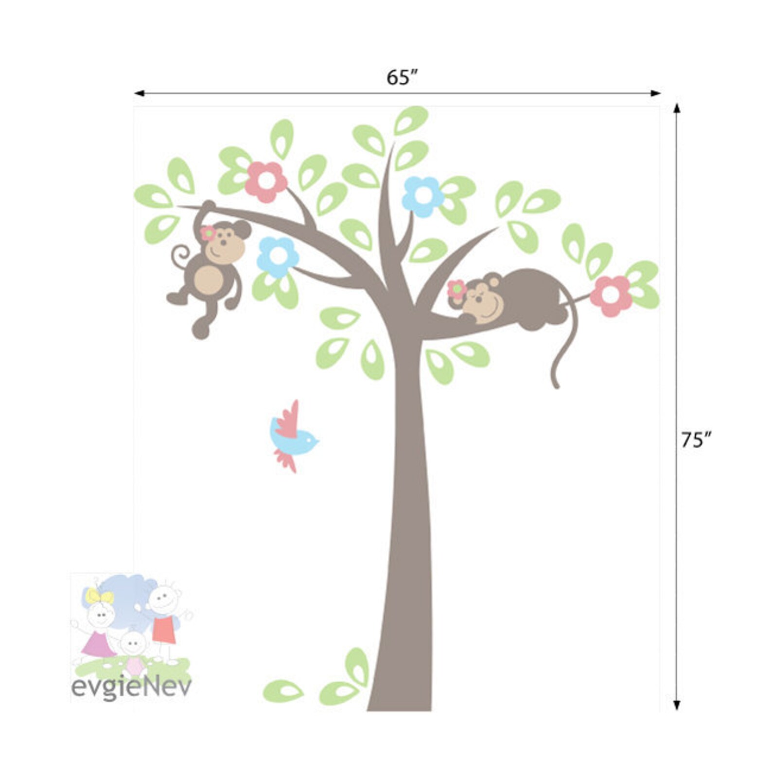 Personalised Monkey & Bird Wall Stickers For Kids Nursery – Removable Vinyl Decal, Custom Name