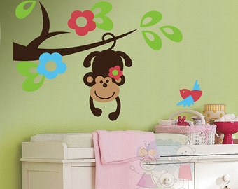Wall Stickers Kids Rooms - Hanging Monkey on the Tree Branch with FREE Bird - Vinyl Wall Decal Children Nursery - PLSF040R