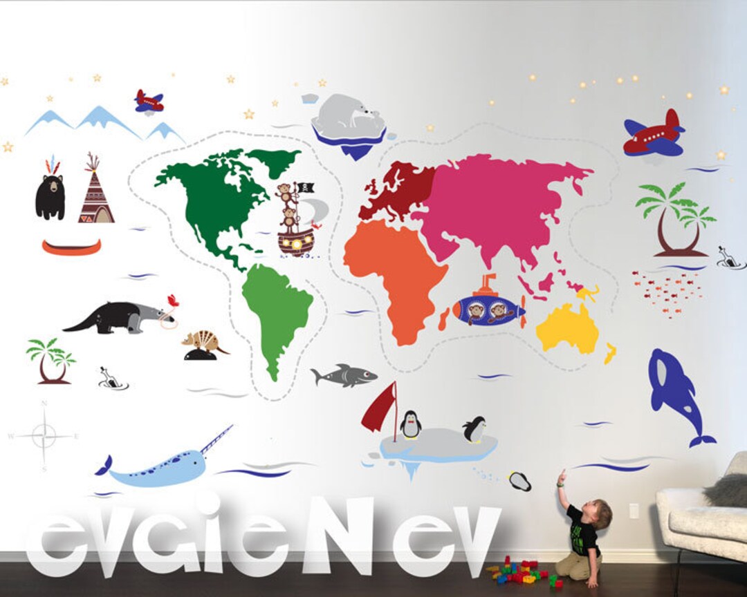 Animal Map Wall Decals Educational Wall Decals Children Etsy