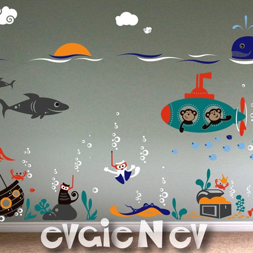 Ocean Friends Wall Decals - Cats Scuba Divers with Submarine Monkeys - Sunken Pirate Ship, Octopus, Shark - Underwater Nursery - PLUW050