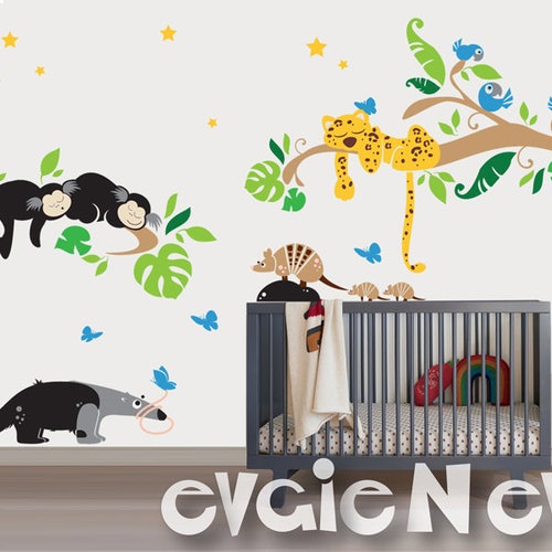 Children Nursery Wall Decals - Animals of South America  - Marmoset Monkeys, Jaguar, Armadillo, Blue Macaw and Anteater - PLSA020