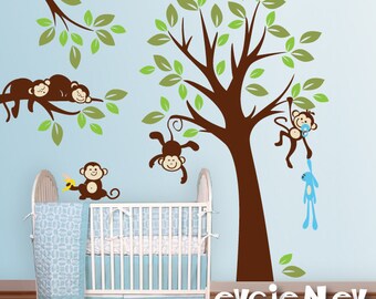 Tropical Monkeys Everywhere Wall Decals - Jungle Tree with Monekys Wall Stickers - PLMG020L