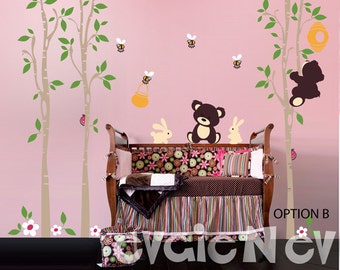 Bears with Honey Pot Wall Decals - Honey Jar, Bee Hive, Bumble Bees, Large Trees and Bunnies for Children Playroom -  PLTBRS040