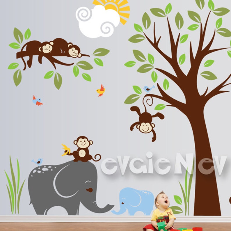 Nursery Wall Stickers With Elephants Giraffes Lion Birds Etsy