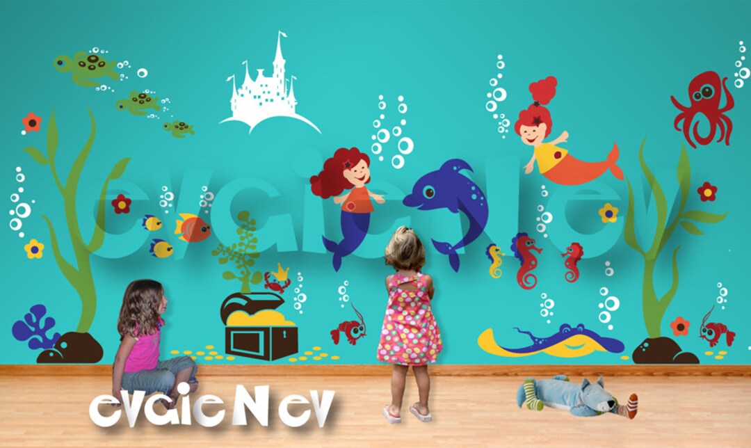 Under the Sea Nursery Wall Decals Mermaids, Underwater Castle, Dolphin