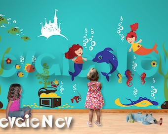 Under the Sea Nursery Wall Decals - PLMRM070 with extra Monkey in submarine for Logan