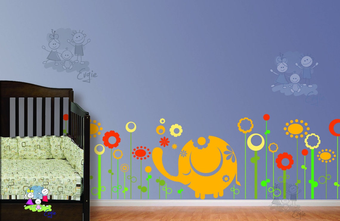 Wall Decals Canada Kids Baby Elephant With Flowers Wall Etsy