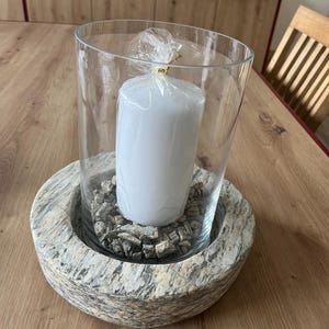 Lantern made of stone and glass, Silesian gneiss, glass, natural stone, decoration, garden, house, fire, light