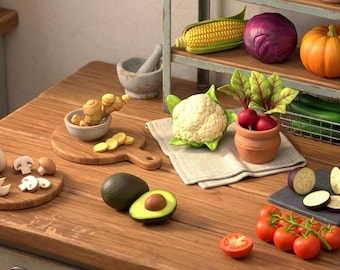 Vegetable STL Pack, 3D Printable Veggies, Miniature Kitchen Food Set, Dollhouse Food Models, Diorama Props, Blender Files