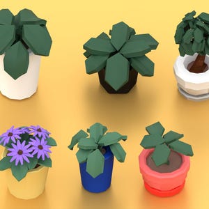 May include: A collection of six low-poly style potted plants. The plants include green leafy plants in white, black, and blue pots, a tree in a white pot, and a yellow pot with purple flowers. The pots are red, yellow, white, and blue.