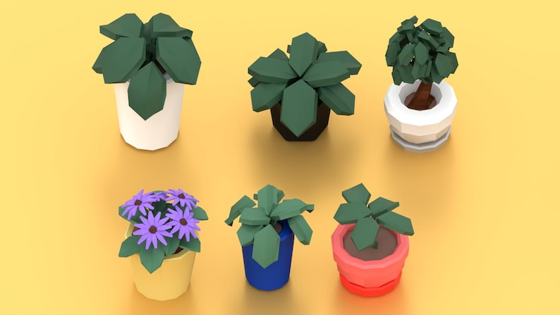 May include: A collection of six low-poly style potted plants. The plants include green leafy plants in white, black, and blue pots, a tree in a white pot, and a yellow pot with purple flowers. The pots are red, yellow, white, and blue.