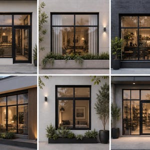 Può includere: Una collezione di sei viste esterne che presentano design di finestre architettoniche moderne con telai neri. Le immagini mostrano varie facciate di edifici, tra cui vetrine e case, con pannelli di vetro, illuminazione a parete e piante.