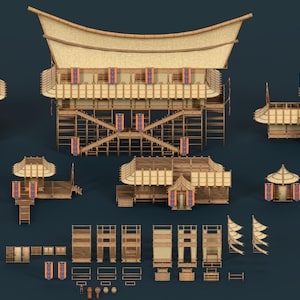 May include: A collection of miniature wooden structures, including buildings with thatched roofs, stairs, and decorative banners. The structures are in various shapes and sizes, with a natural wood colour and a dark blue background.