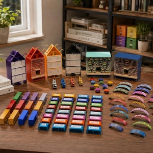 May include: A collection of miniature craft storage units including six house-shaped cabinets with drawers, four small toy vehicles, various colorful circular buttons, rectangular storage blocks in multiple colors, and curved patterned strips.