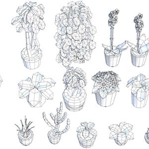 May include: A collection of stylized, geometric illustrations of various potted plants. The image features a variety of plant types, including succulents, orchids, and flowering plants, each in a unique pot design. The artwork is rendered in a low-poly, wireframe style.