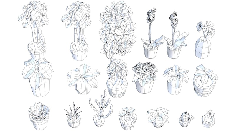 May include: A collection of stylized, geometric illustrations of various potted plants. The image features a variety of plant types, including succulents, orchids, and flowering plants, each in a unique pot design. The artwork is rendered in a low-poly, wireframe style.