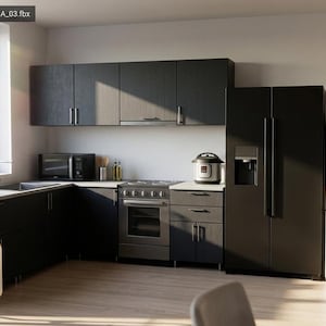 May include: A contemporary kitchen featuring dark grey cabinets, stainless steel appliances, and a large window. The kitchen includes a fridge, microwave, oven, and a pressure cooker. A bar stool is in the foreground.