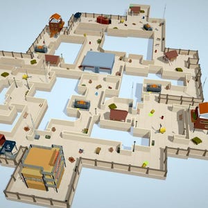 Puede incluir: Vista cenital de un mapa renderizado en 3D con paredes beige, elementos acuáticos azul claro y diversas estructuras. El mapa incluye edificios con tejados naranjas, marrones y azules, y vallas de madera. El diseño sugiere un entorno de juego.