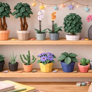 May include: A collection of papercraft plants and flowers in various pots, arranged on wooden shelves. The assortment includes trees, orchids, and succulents, with a rainbow and star-shaped lights in the background. The color palette is vibrant and playful.