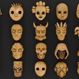 Wooden Mask Pack | Stylized 3D Mask Models | Blender + STL | Tribal, Fantasy, and Cultural Designs | Printable Decor & Game Assets