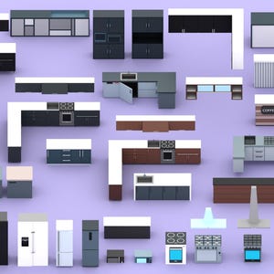 May include: A selection of kitchen units and appliances, including cabinets, cookers, fridges, and extractor hoods. The designs feature black, white, grey, and brown colour schemes, arranged on a purple background. Measurements are in centimetres.