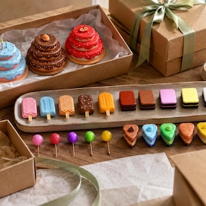 May include: A collection of miniature dessert-themed items including three tiered cakes in a cardboard box, a rectangular tray with various popsicle-shaped and rectangular treats, and several small colorful spheres and triangular cake slices.