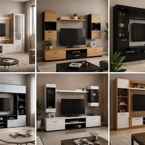 Puede incluir: Una colección de seis centros de entretenimiento modulares que presentan diversas configuraciones de armarios, estanterías y soportes para televisión en paletas de colores variadas, incluyendo acabados en blanco, negro y madera.