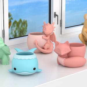 Paquete de archivos STL de macetas con forma de animales adorables, macetas kawaii para suculentas, macetas con forma de tortuga, ballena, zorro, dragón y rana, mini macetas, decoración de escritorio imprimible en 3D.
