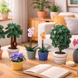 May include: A collection of seven potted artificial plants featuring two green trees with brown trunks, two orchids with pink and orange blooms, a green leafy plant, a purple flower arrangement, and a small pot with pink flowers.