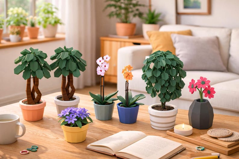 May include: A collection of seven potted artificial plants featuring two green trees with brown trunks, two orchids with pink and orange blooms, a green leafy plant, a purple flower arrangement, and a small pot with pink flowers.