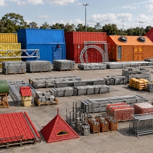 May include: A collection of industrial equipment and construction materials including yellow, blue, red, and orange shipping containers, metal scaffolding, stacks of gray concrete blocks, red roof tiles, a green tank, and yellow sandbags on a paved lot.