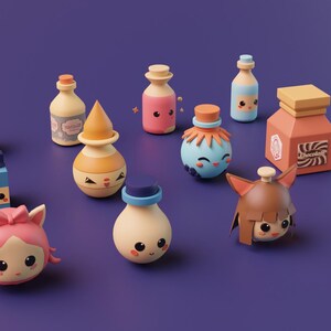 Puede incluir: Una colección de figuras y botellas caprichosas de estilo caricaturesco en varias formas y colores, incluyendo rosa, azul, naranja y beige. Algunas tienen caras y elementos decorativos, sobre un fondo púrpura.