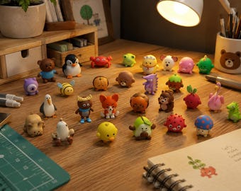 May include: A collection of small, colorful animal and creature figurines arranged on a wooden surface. The set includes various characters like a penguin, bear, bee, fox, frog, and mushroom, each featuring distinct colors and shapes.